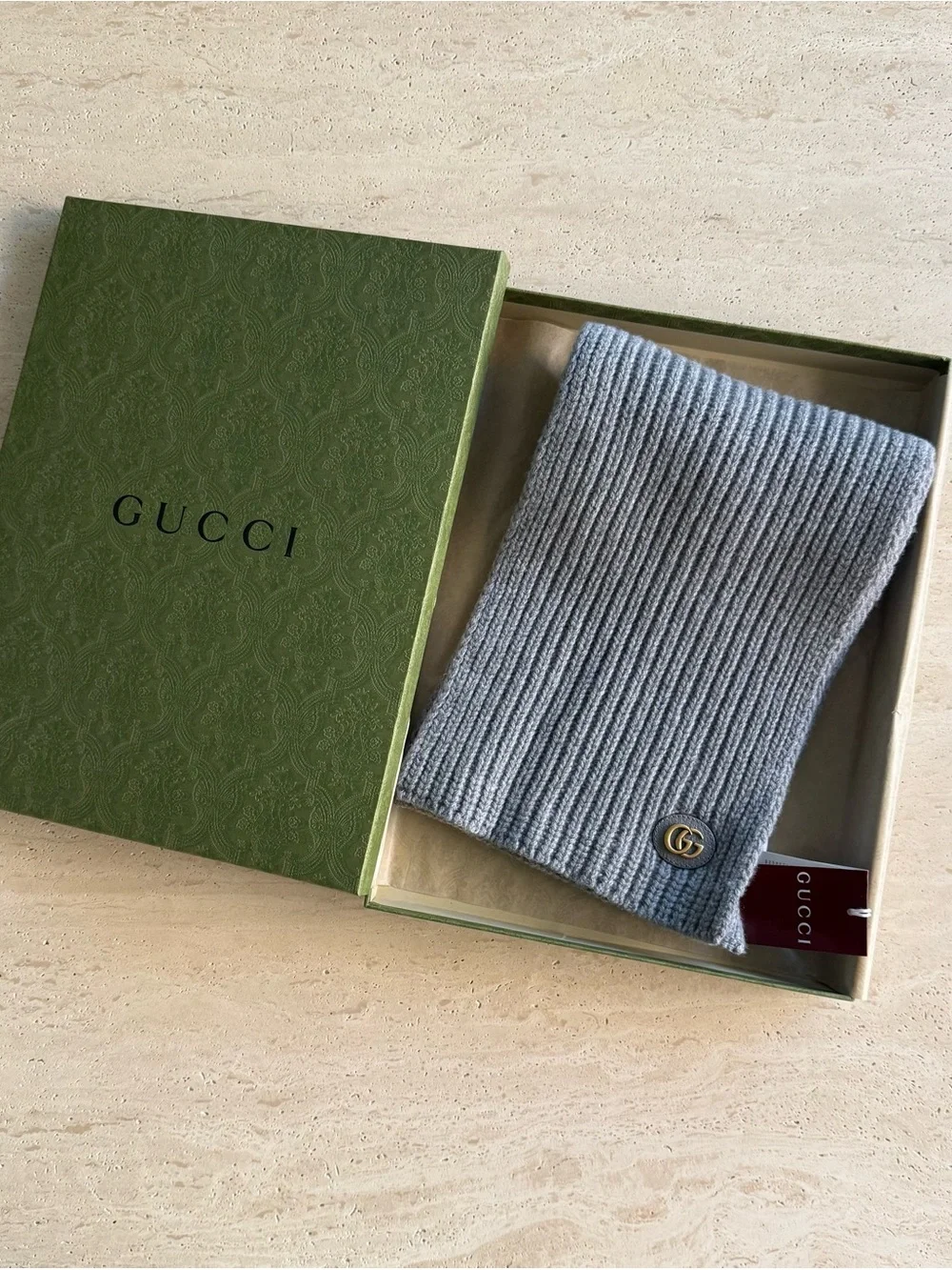 NWT Gucci Grey GG Logo Wool-Cashmere Rectangular Scarf Unisex